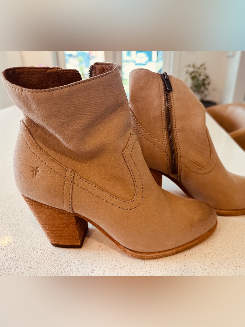 Frye Neutral Tan Leather Ankle Booties with Stacked Heel
